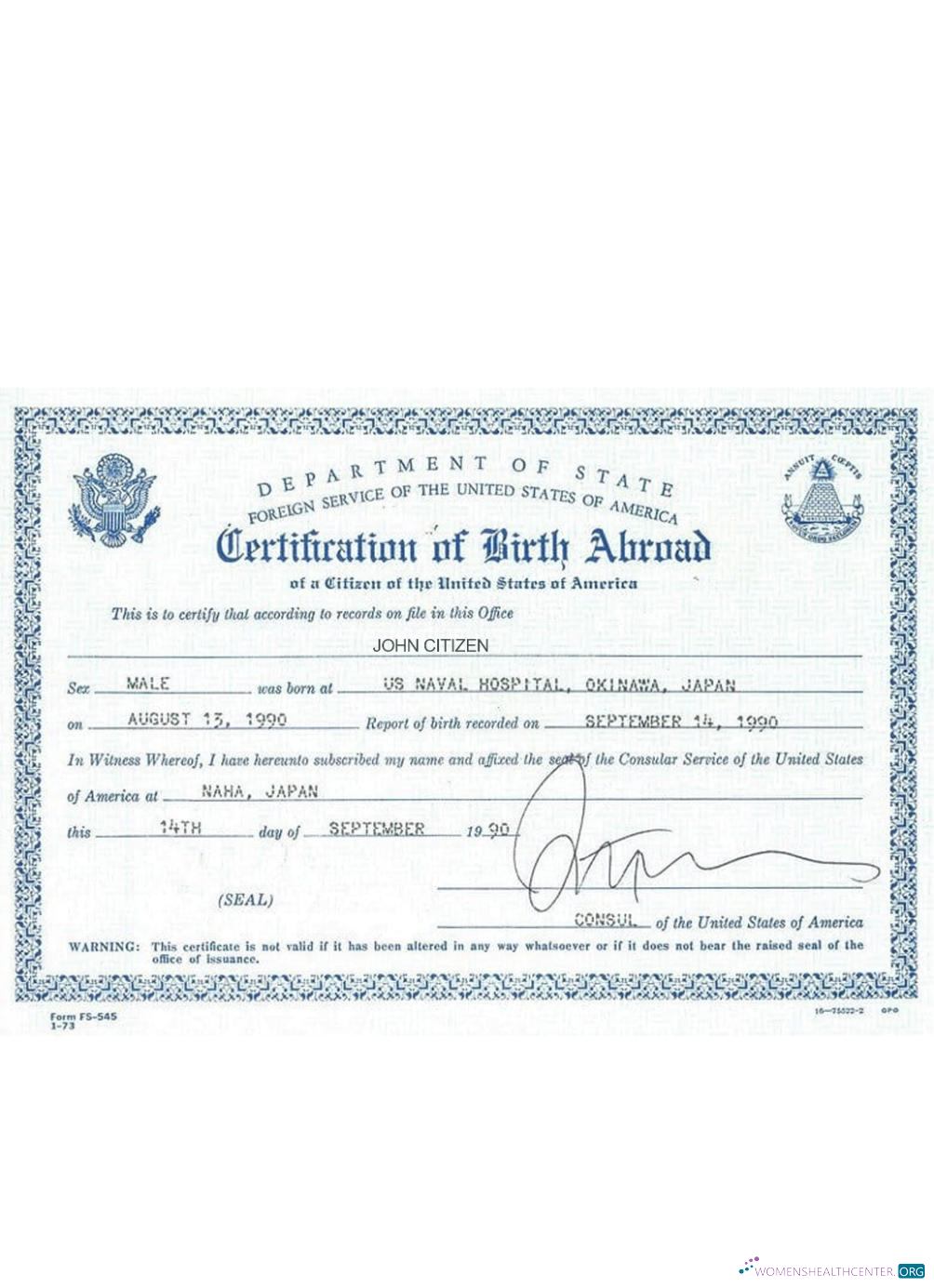 Download USA certification of birth abroad Photoshop template